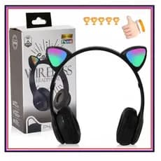 Fone de Ouvido Sem Fio Orelha de Gato - Luzes RGB Coloridas - Modelo pretovP47