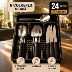 Jogo 24 Peças Completo Talheres Inox com Gaveteiro Organizador de Brinde