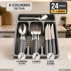 Jogo 24 Peças Completo de Talheres Inox com Suporte para Organizar Gaveta