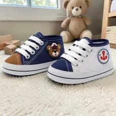 Tênis de Bebê Sapatinho Recém Nascido Masculino Marinheiro Jeans e Âncora Branco Sola Tecido Macio Confortável Seguro