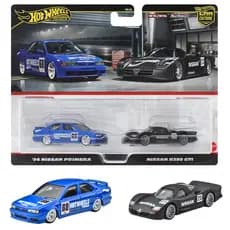 Hot Wheels Premium 2 Pack Nissan R390 GT194 Nissan Primera Vehicle Toy Mini Car com 3 anos ou mais AzulPreto HRR74