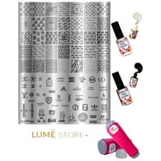 Kit Placa Carimbo de Unhas Multimarcas + Carimbo Duplo + Esmalte Preto e Esmalte Branco para Carimbo Apipila para Manicu