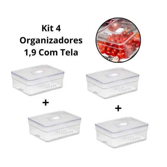 Kit 4 Organizadores De Geladeira 1,9 Litros Com Tela - Plastutti