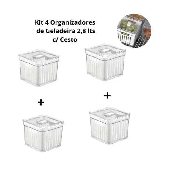 Kit 4 Organizadores de Geladeira 2,8 lts c/ Cesto - Plastutti