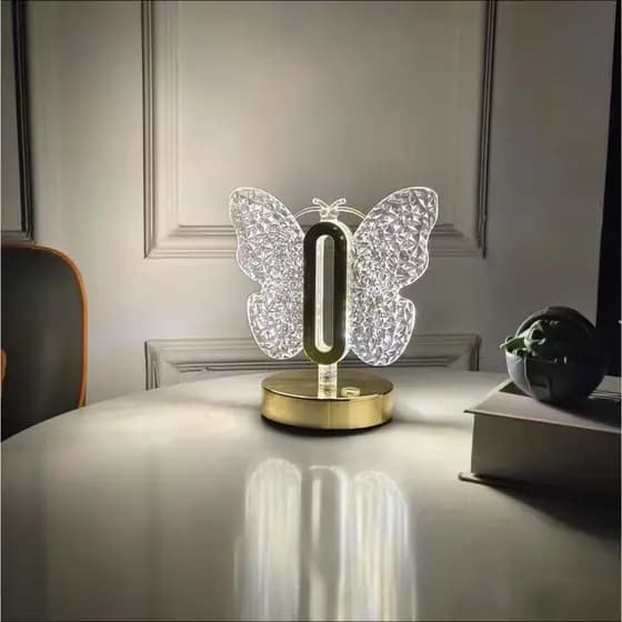 Luminária LED Borboleta Cristal USB 3 Cores Quente Neutra Fria Luz Decorativa Mesa Quarto Abajur Moderno 5V