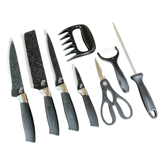 Kit Facas Inox 8 Peças Profissional Churrasco Cozinha Premium Com Tesoura Garra E Amolador