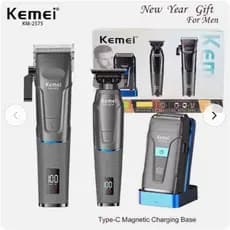 Kit 3 em 1 Máquina de Cortar Cabelo + Acabamento + Shaver Recarregável Profissional Kemei KM-2375