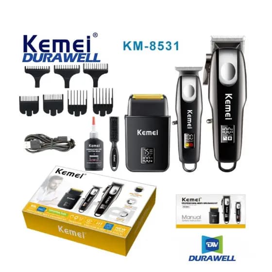 Kit 3 em 1 Máquina de Cortar Cabelo + Acabamento + Shaver Recarregável Profissional Kemei KM-8531