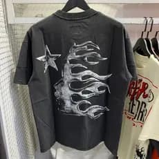 [Camiseta Premium em Algodão Puro]GXG High Street Hellstar New Vintage Wash Print Hip Hop Casual  Manga Curta Com Gola