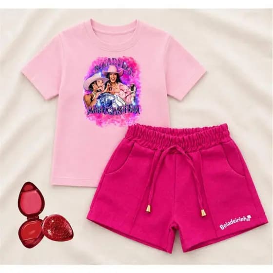 Conjunto boiadeira Camiseta e Short de Linho + Moranguinho de Brinde da Boiadeira Ana Castela Infantil Moda 2026 juvenil