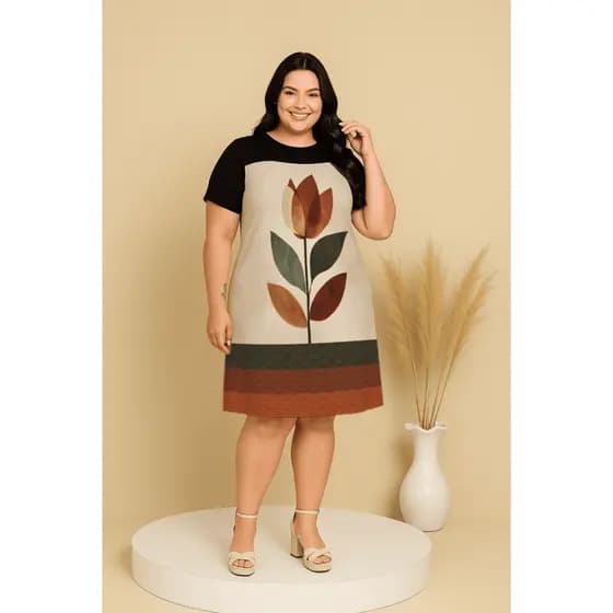 Vestido Soltinho Camisão Leve Frente Estampa Costa em Malha Plus Size Comportado Presente Vestido Curto