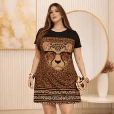 Vestido Gola Tubinho Plus Size de Manga Estampado Animal Print Onça