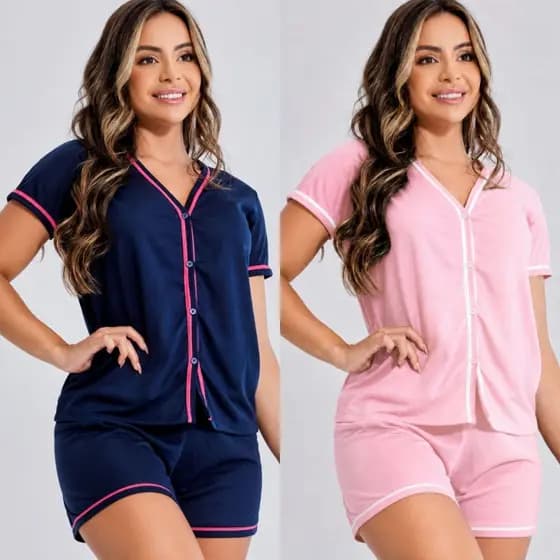 Pijama Feminino Baby Doll Short Verão Confortável Blogueirinha Alcinha Luxo Com Botões