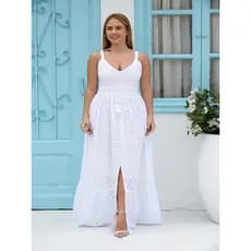 Vestido Longo Branco em Laise com Fenda Frontal e Alças Reguláveis B8526