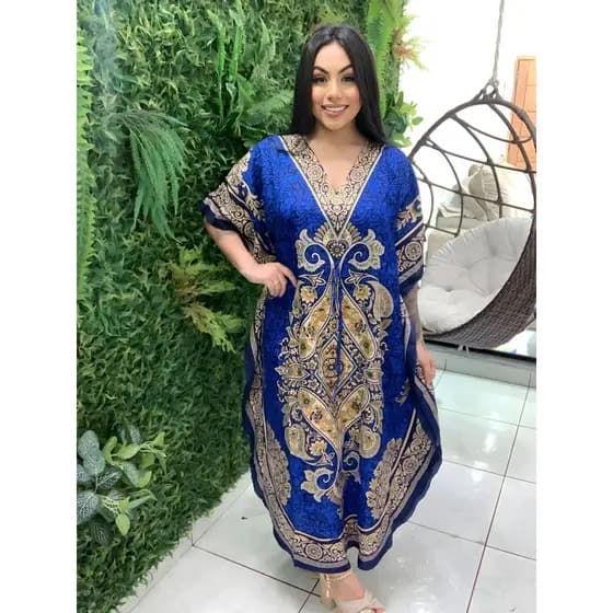 Vestido Longo Kaftan Indiano Estampada De Seda Plus Size 4700