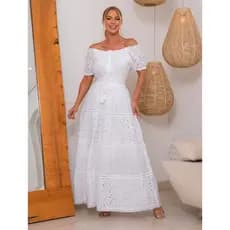 Vestido Longo Branco em Laise com Manga Curta e Decote V
