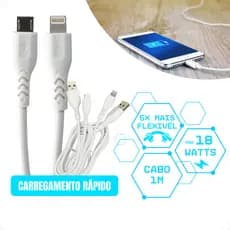 Cabo de Carregar Celular 1metro Flexível 3A Lightning Micro USB V8 18w 1m Iphone Android KIMASTER