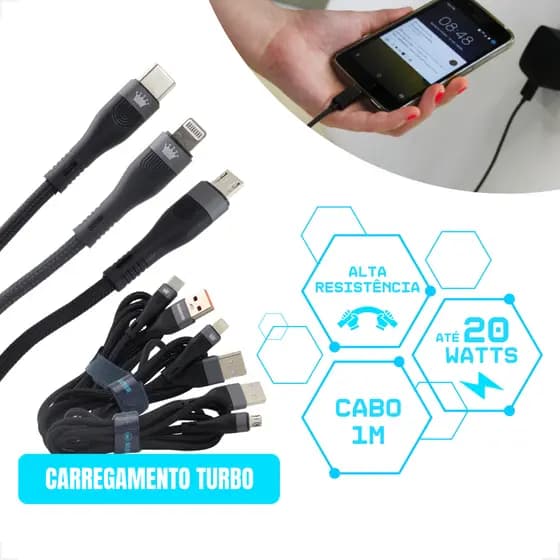 Cabo Carregar Rápido 1 metro 20w Lightning Tipo-c Micro USB 10x Reforçado Nylon Turbo KIMASTER
