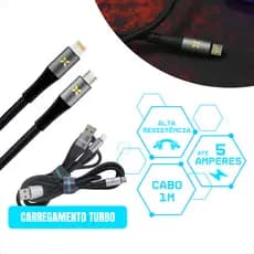 Cabo Carregador Turbo com LED 1m 5A Lightning Micro USB V8 Premium Blindado Iphone Android KIMASTER