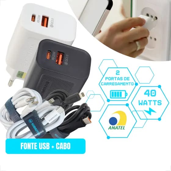 Carregador Celular SUPER RÁPIDO 40W KIMASTER ANATEL Cabo 3A Lightning Tipo-C USB Iphone Android