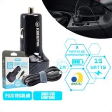 Carregador Veicular 15W Turbo 5A Cabo 1M USB/USB-C + Cabo Lightning Tipo-C Celular Kimaster Anatel