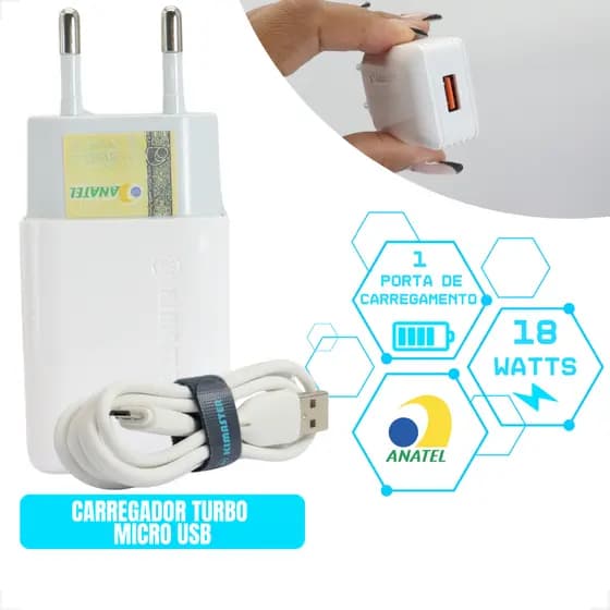 Carregador de Celular Turbo 1 metro 18W 3A V8 Micro USB ANATEL Bivolt 110V 220V KIMASTER