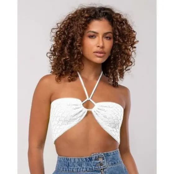 Top Multiuso Cropped Feminino Tricot Modal Detalhes Amarração em Escama Com Amarração Tricô Verão