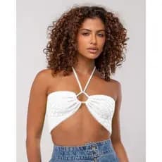 Top Multiuso Cropped Feminino Tricot Modal Detalhes Amarração em Escama Com Amarração Tricô Verão