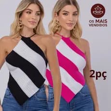 Kit 2 Top Lenço Listrado Cropped Feminino Tricot em Modal