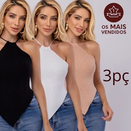 Kit 3 Cropped Feminino Top Lenço Liso Trico Modal