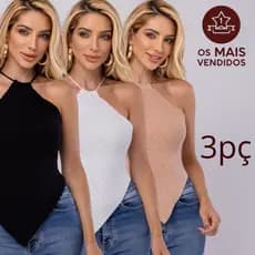Kit 3 Cropped Feminino Top Lenço Liso Trico Modal