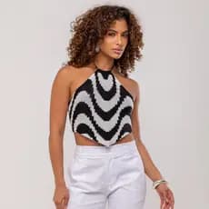 Top Cropped Feminino Estampa Ondas Frente Única em Modal Moda Verão