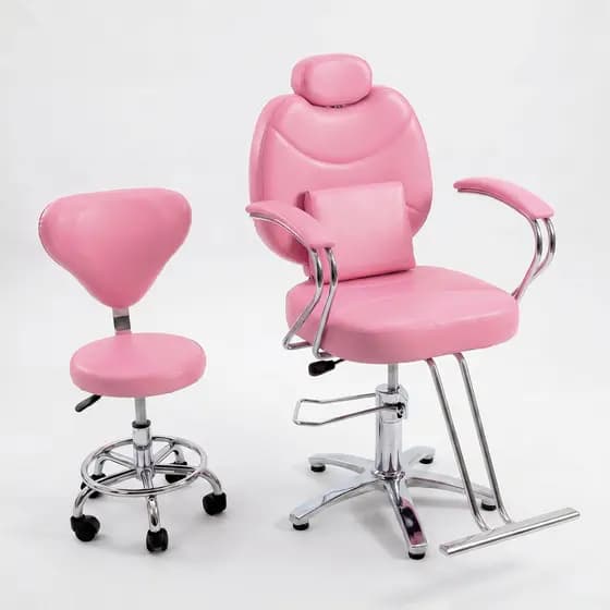 Cadeira de Barbeiro Com Mocho Rosa para Salão de Beleza Reclinável Hidráulica poltrona Premium Top