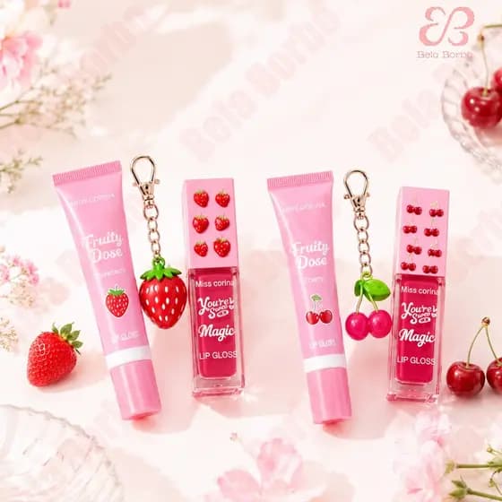 Kit Gloss Labial Miss Corina Sweet Lip Essentials Morango e Cereja Chaveiro Hidratante Brilho Labial