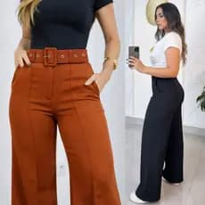 Calça Pantalona Alfaiataria Feminina Social Cintura Alta com Cinto e Bolso Elegante P ao GG
