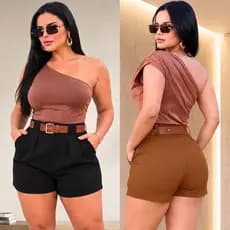 Short Alfaiataria Feminino Plus Size Cintura Alta Com Elastano Zíper Lateral Tamanho Grande