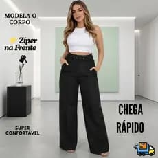 Calça Feminina Wide Leg Alfaiataria – Pantalona Social Cintura Alta com Cinto Ajustável