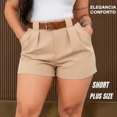 Short Plus Size Feminino Alfaiataria Social Cintura Alta com Cinto e Bolso
