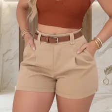 Short Feminino Alfaiataria Cintura Alta Social com Cinto Elegante Não Transparente P ao GG