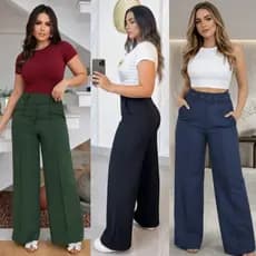 Calça Pantalona Feminina Alfaiataria Cintura Alta Com Cinto Forrado Zíper Frontal Elegante Social Wide Leg Moda Feminina