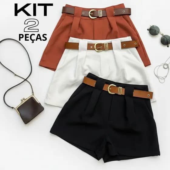 Kit 2 Shorts Femininos Alfaiataria Social Cintura Alta com Cinto – Elegante e Confortável | Promoção