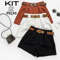 Kit 2 Shorts Femininos Alfaiataria Social Cintura Alta com Cinto – Elegante e Confortável | Promoção