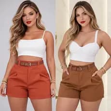 Short Alfaiataria Feminino Cintura Alta com Cinto Social Elegante Tecido Premium Promoção do P ao GG