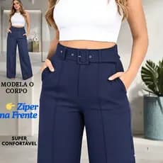 Calça Pantalona Feminina Alfaiataria Cintura Alta com Cinto Elegante Social Casual P M G GG