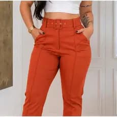 Calça Social Feminina Alfaiataria Cintura Alta com Cinto, Bolsos e Zíper Frontal
