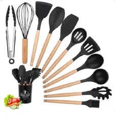 Conjunto de Utensílios de Cozinha 12 Peças - Silicone e Cabo de Madeira - PRETO