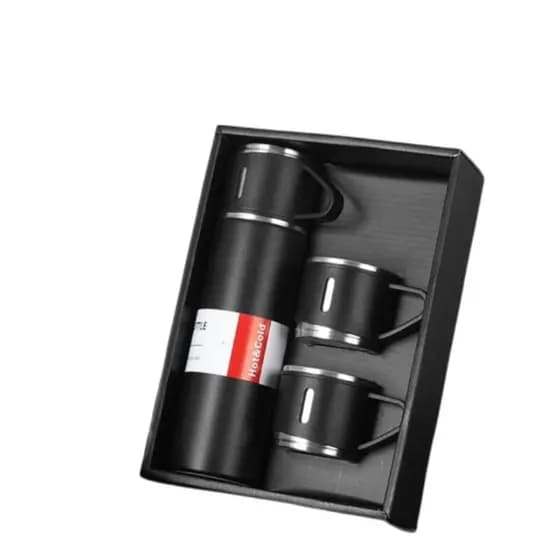 Kit 3 Xicaras + Garrafa Termica Vacuum Bottle Inox 500ml - PRETO