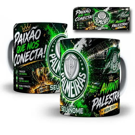 Caneca Palmeiras Porcelana 325ml Personalizada com SEU NOME Presente Torcedor Verde