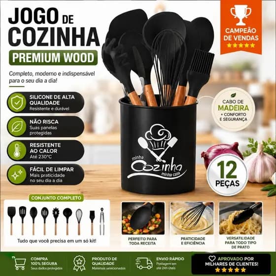 Jogo de Utensílios de Cozinha 12 Peças com Suporte de Madeira e Silicone Antiaderente Premium