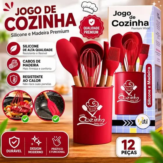 Jogo de Utensílios de Cozinha 12 Peças com Suporte de Madeira e Silicone Antiaderente Premium🍴